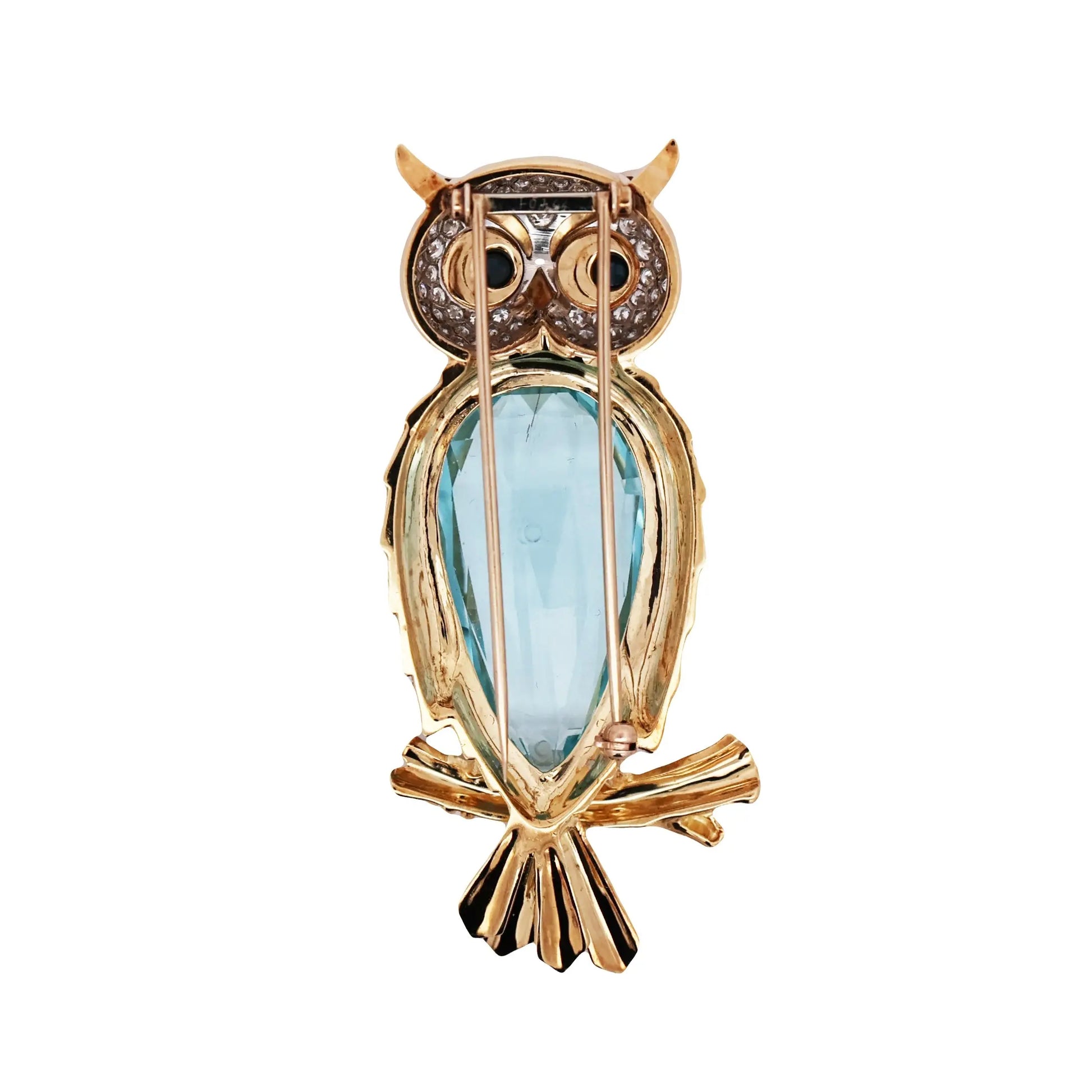 18K Gold Aquamarine Sapphire Diamond Owl Brooch Lueur Jewelry