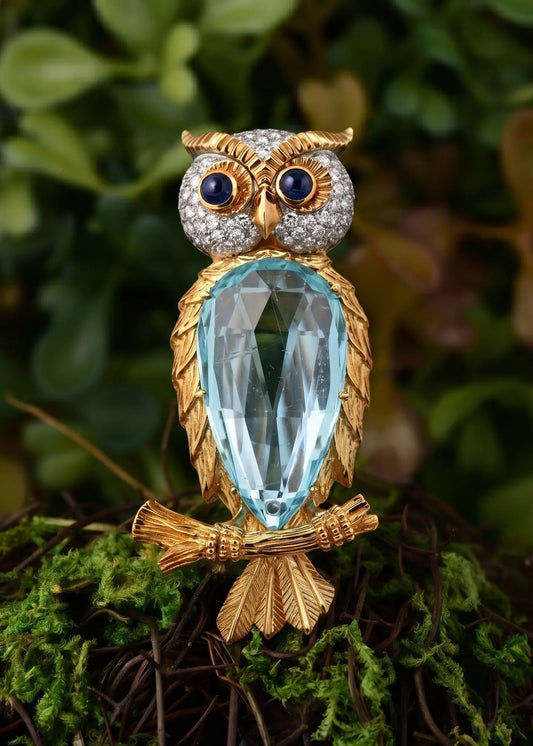 18K Gold Aquamarine Sapphire Diamond Owl Brooch Lueur Jewelry