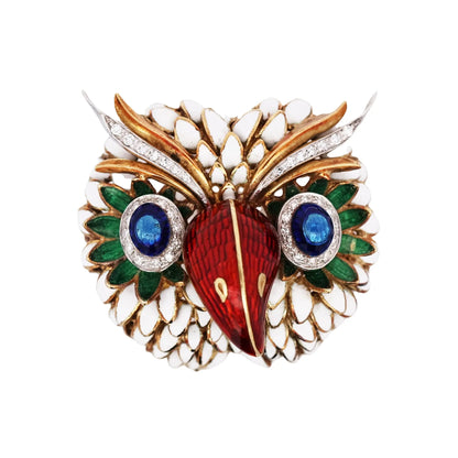 Nardi, 18K Gold Enamel Diamond Owl Brooch Nardi