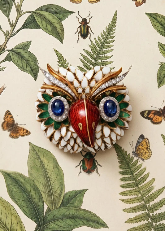 Nardi, 18K Gold Enamel Diamond Owl Brooch Nardi