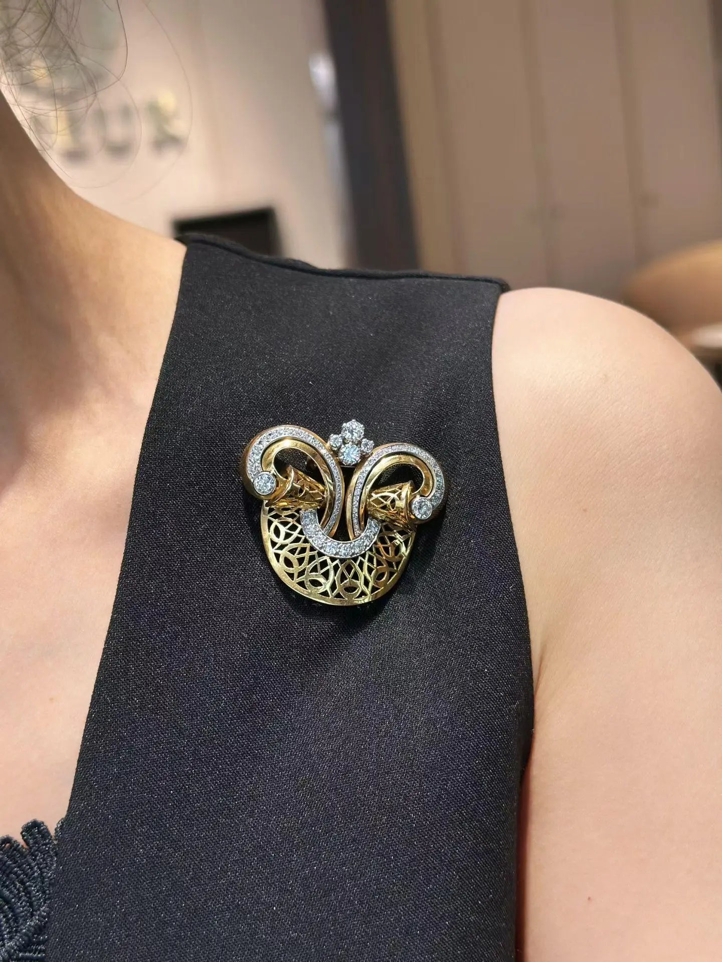Bvlgari, 18k Gold Openwork Diamond Scroll Brooch
