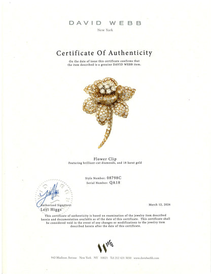 David Webb, 18K Gold Diamond Flower Brooch, Certificate