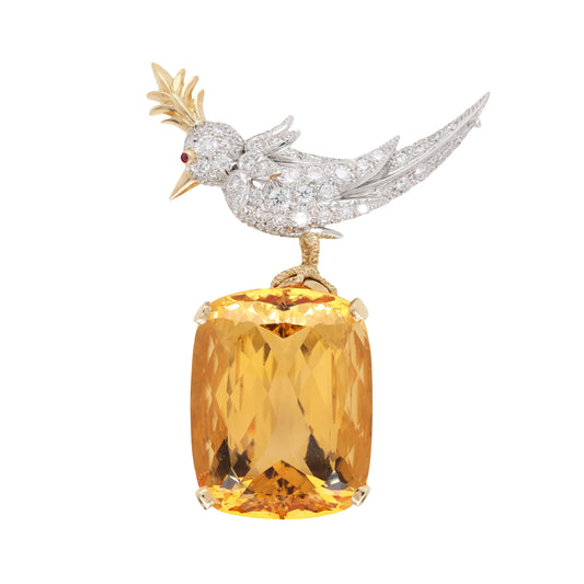 Tiffany Schlumberger, 18K Gold Citrine Diamond Bird-on-Stone Brooch Tiffany