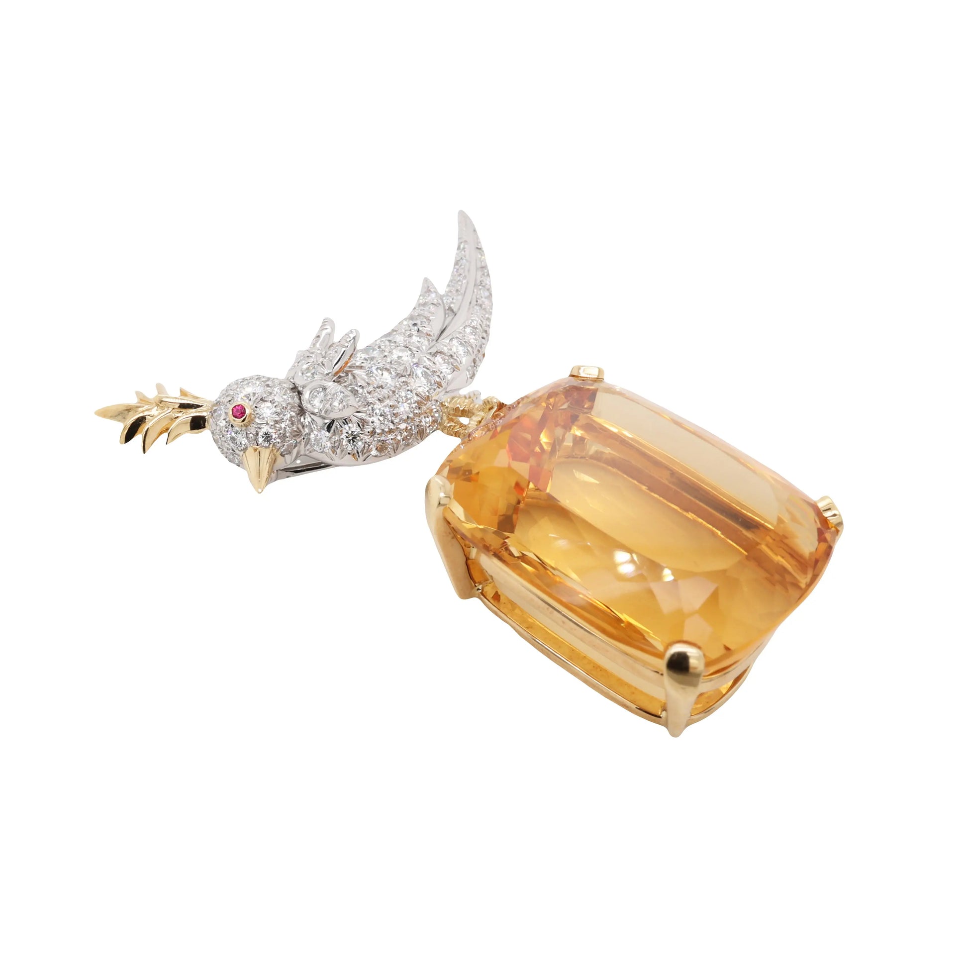 Tiffany Schlumberger, 18K Gold Citrine Diamond Bird-on-Stone Brooch Tiffany