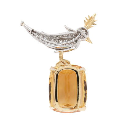 Tiffany Schlumberger, 18K Gold Citrine Diamond Bird-on-Stone Brooch Tiffany