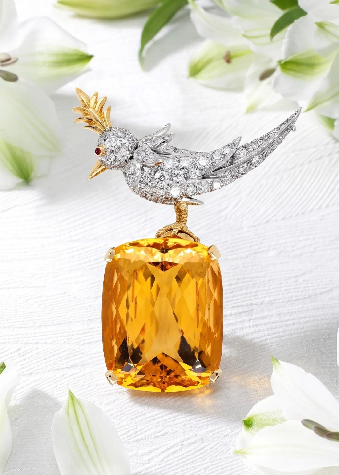 Tiffany Schlumberger, 18K Gold Citrine Diamond Bird-on-Stone Brooch Tiffany