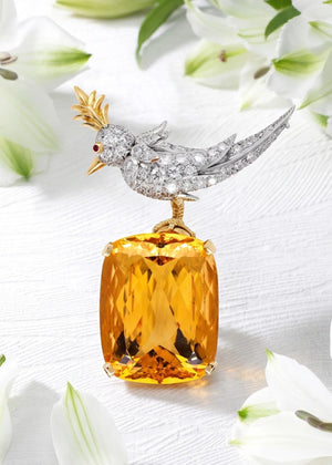 Tiffany Schlumberger, 18K Gold Citrine Diamond Bird-on-Stone Brooch