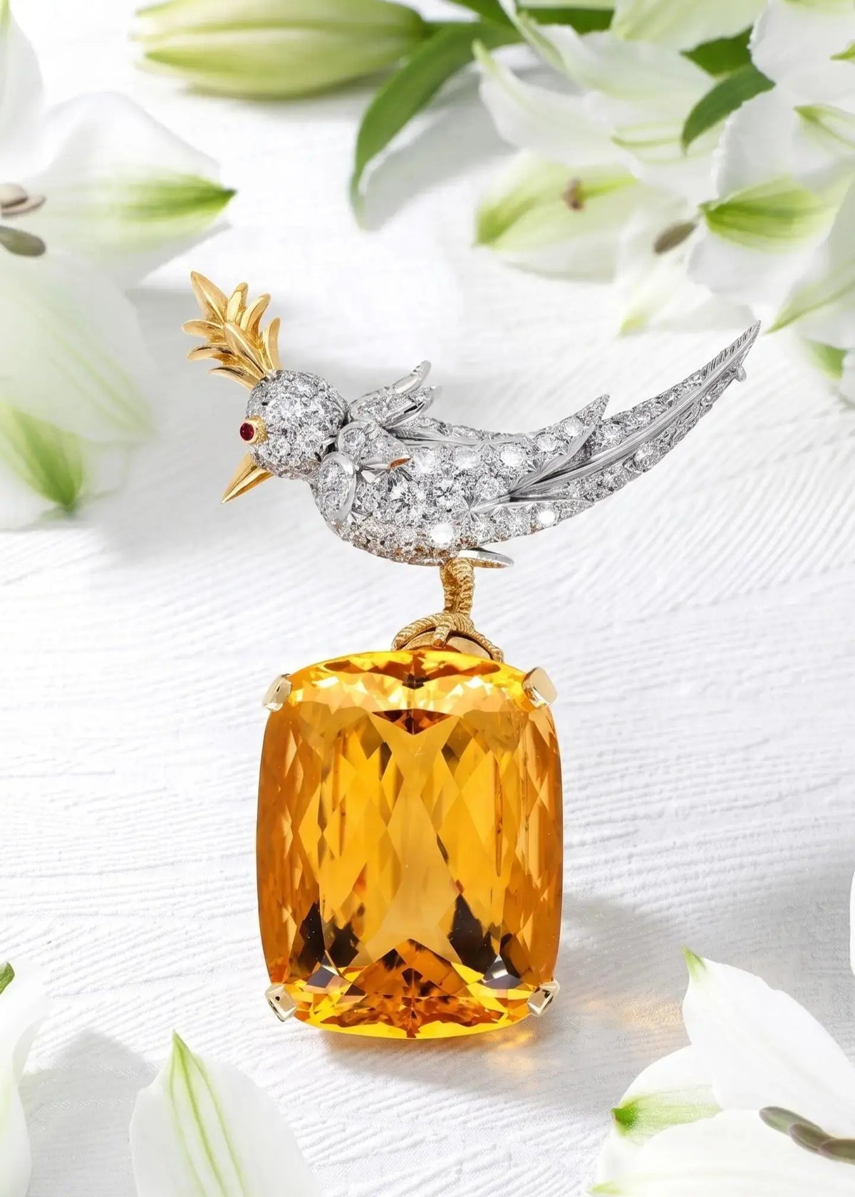 Tiffany Schlumberger, 18K Gold Citrine Diamond Bird-on-Stone Brooch