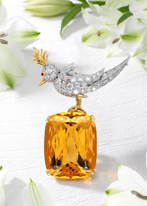 Tiffany Schlumberger, 18K Gold Citrine Diamond Bird-on-Stone Brooch