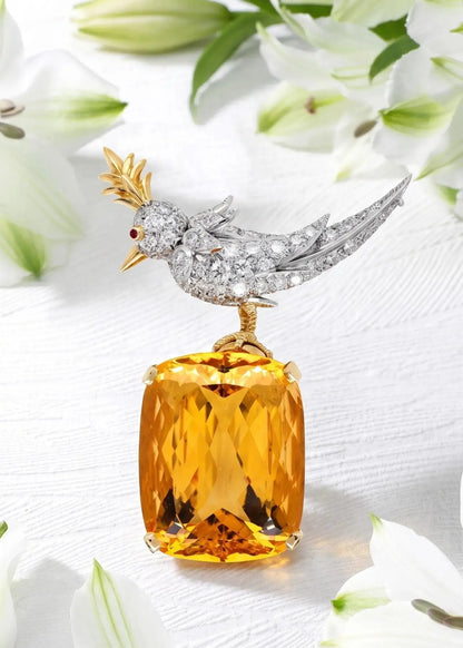 Tiffany Schlumberger, 18K Gold Citrine Diamond Bird-on-Stone Brooch