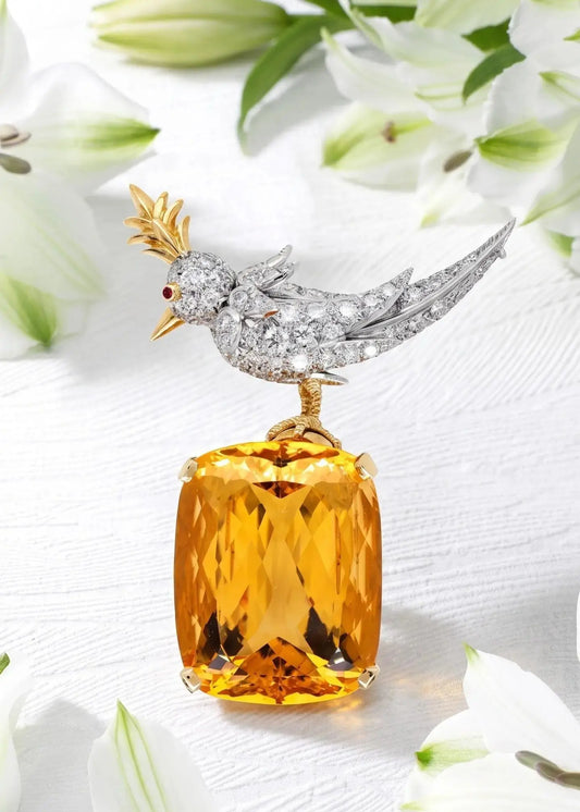 Tiffany Schlumberger, 18K Gold Citrine Diamond Bird-on-Stone Brooch