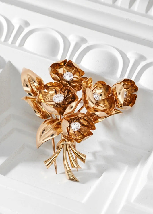 Van Cleef & Arpels, 18K Gold Diamond Buttercup Flower Brooch VCA