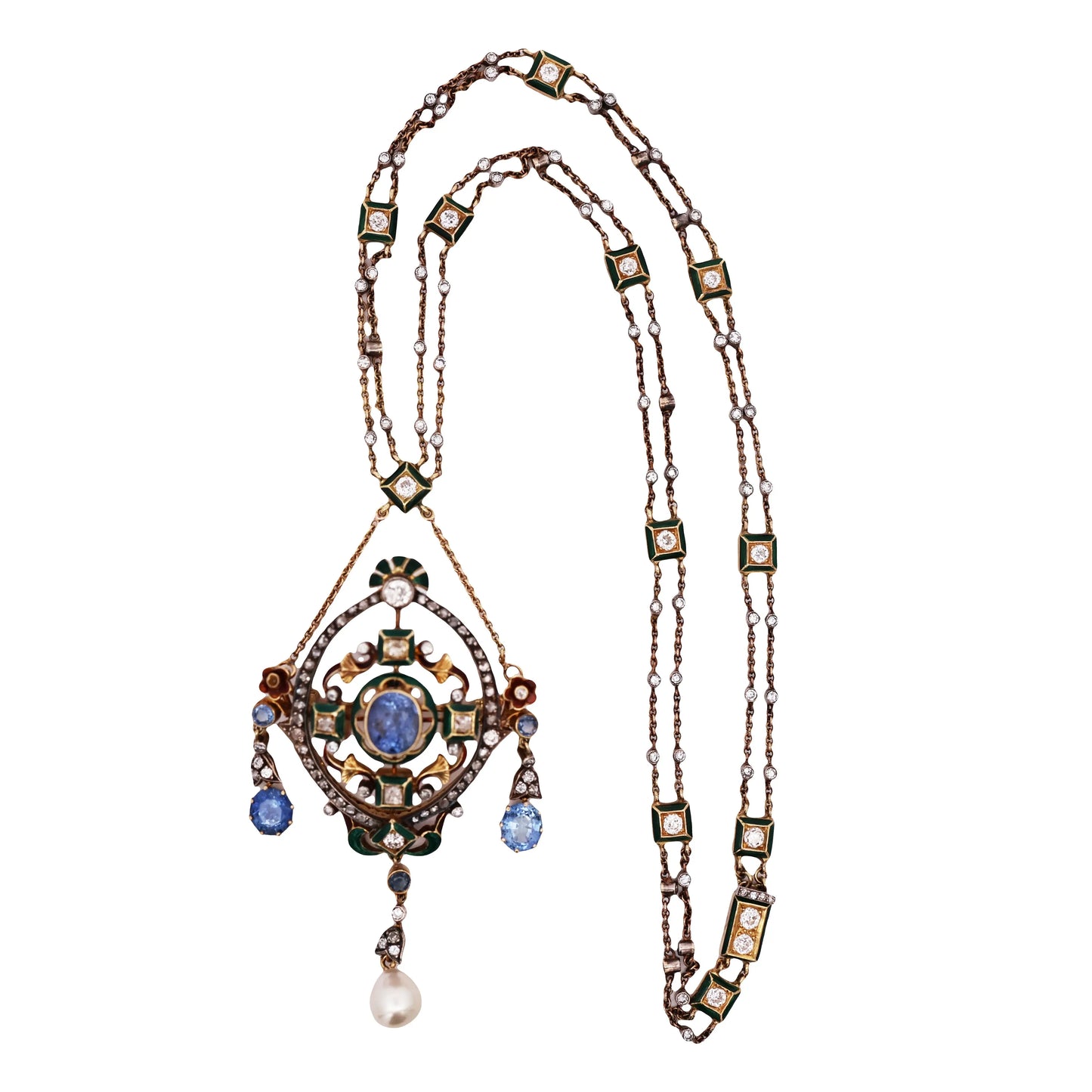 Gold Sapphire Pearl Diamond Pendant Necklace Lueur Jewelry