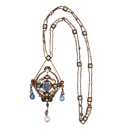 Gold Sapphire Pearl Diamond Pendant Necklace Lueur Jewelry