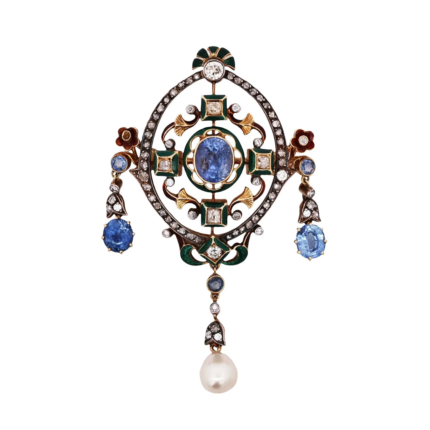 Gold Sapphire Pearl Diamond Pendant Necklace Lueur Jewelry