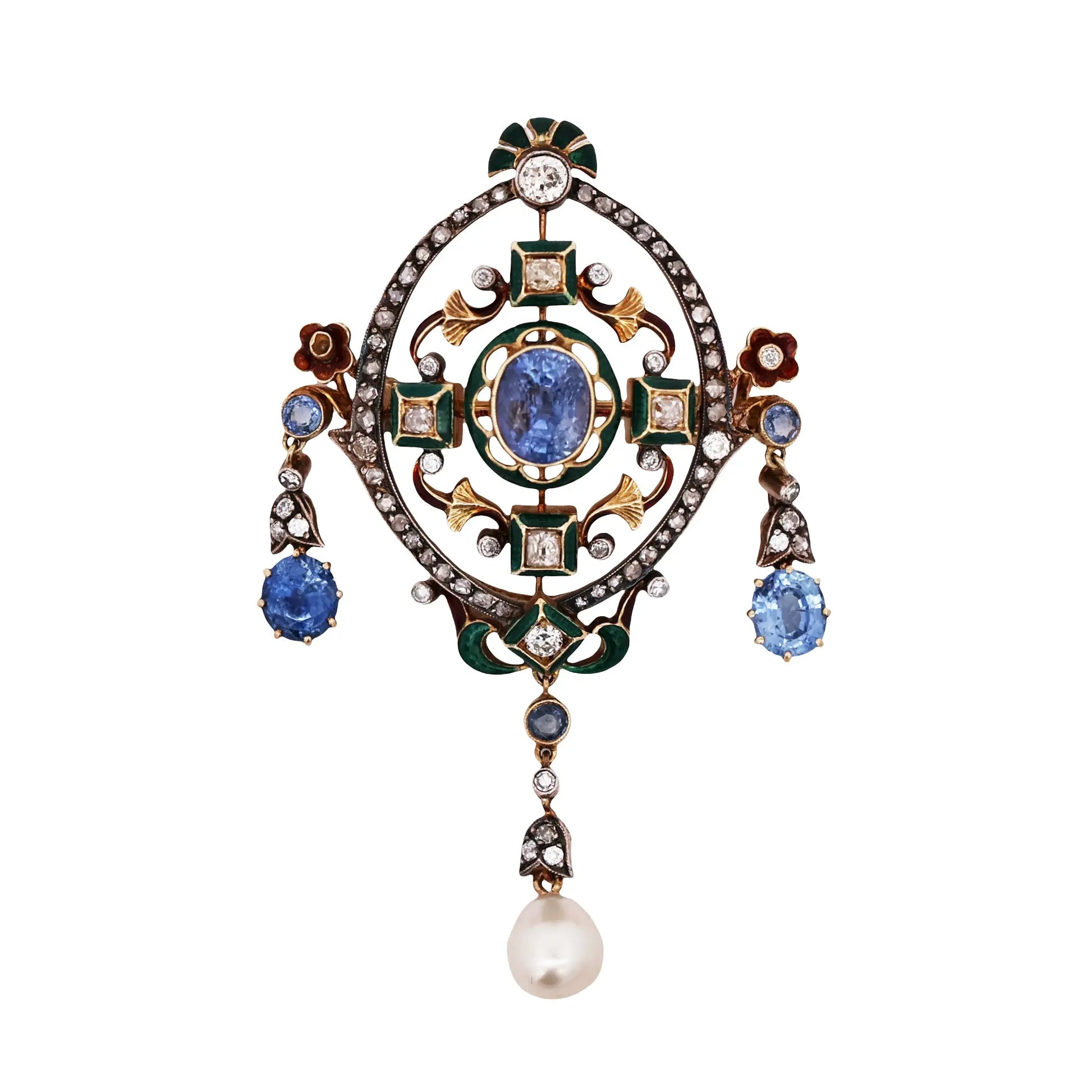 Gold Sapphire Pearl Diamond Pendant Necklace Lueur Jewelry