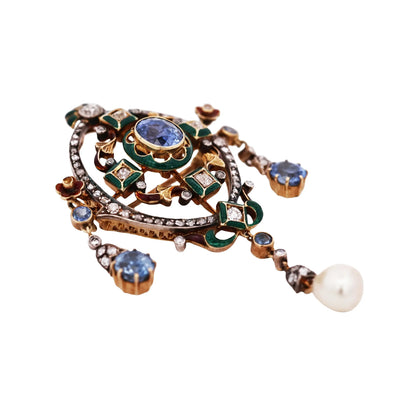 Gold Sapphire Pearl Diamond Pendant Necklace Lueur Jewelry