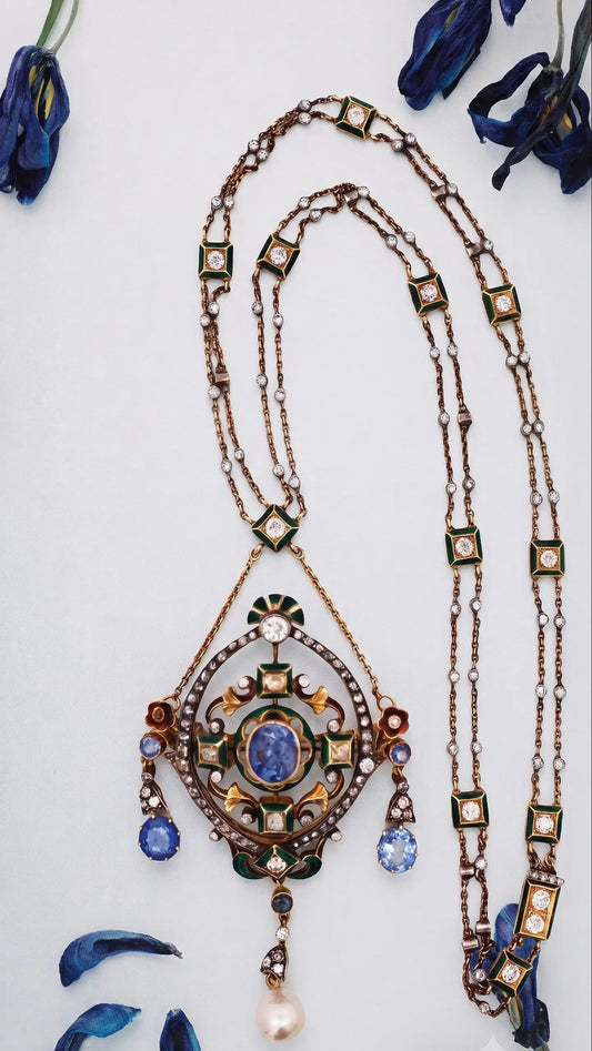 Gold Sapphire Pearl Diamond Pendant Necklace Lueur Jewelry