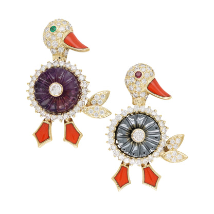 Hammerman, Two 18K Gold Gemstone Duck Brooches Hammerman