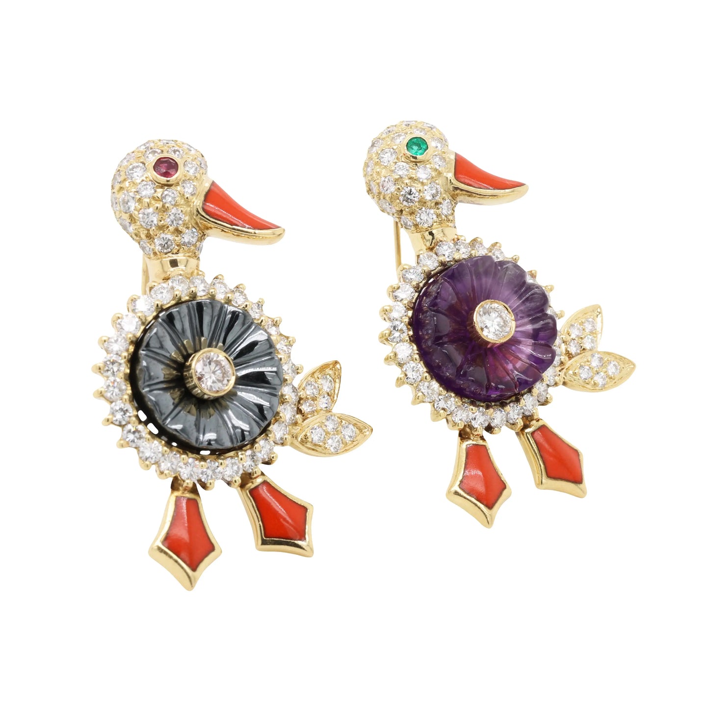 Hammerman, Two 18K Gold Gemstone Duck Brooches Hammerman