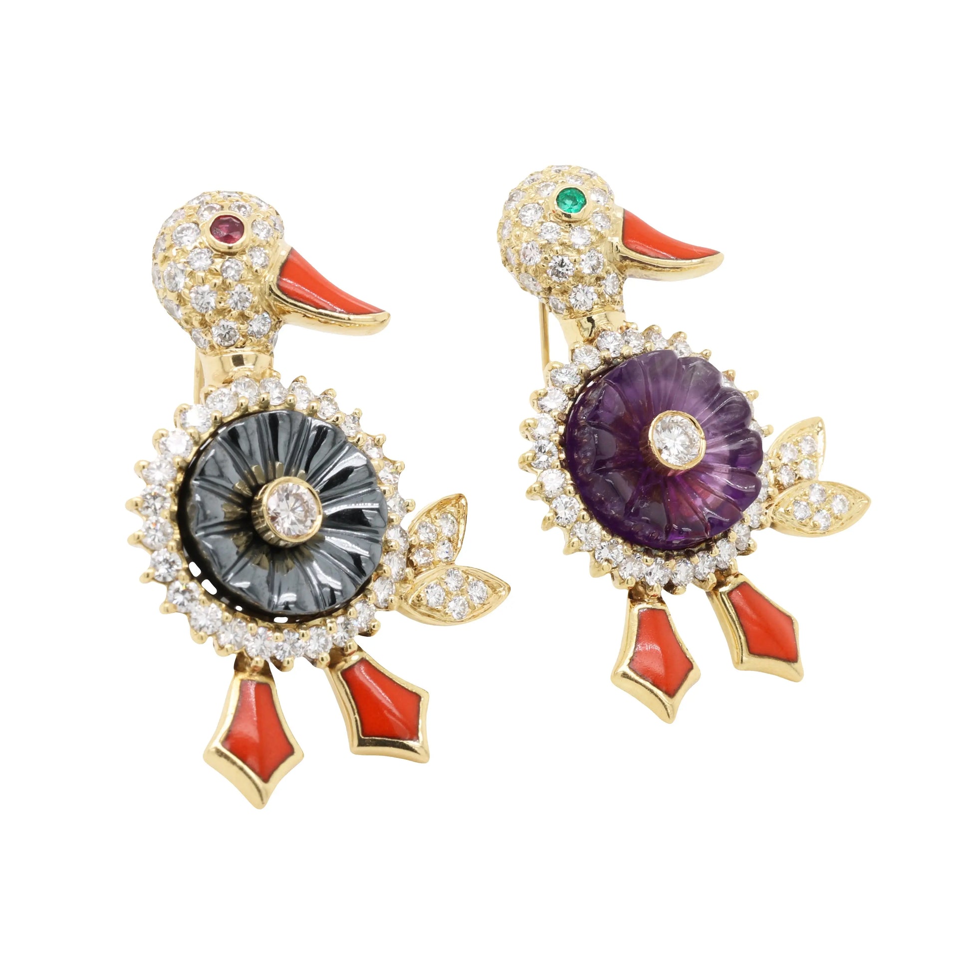 Hammerman, Two 18K Gold Gemstone Duck Brooches Hammerman