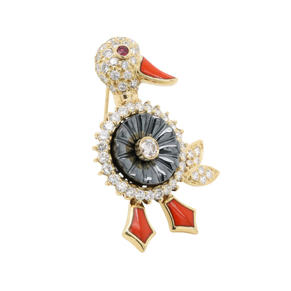 Hammerman, Two 18K Gold Gemstone Duck Brooches Hammerman