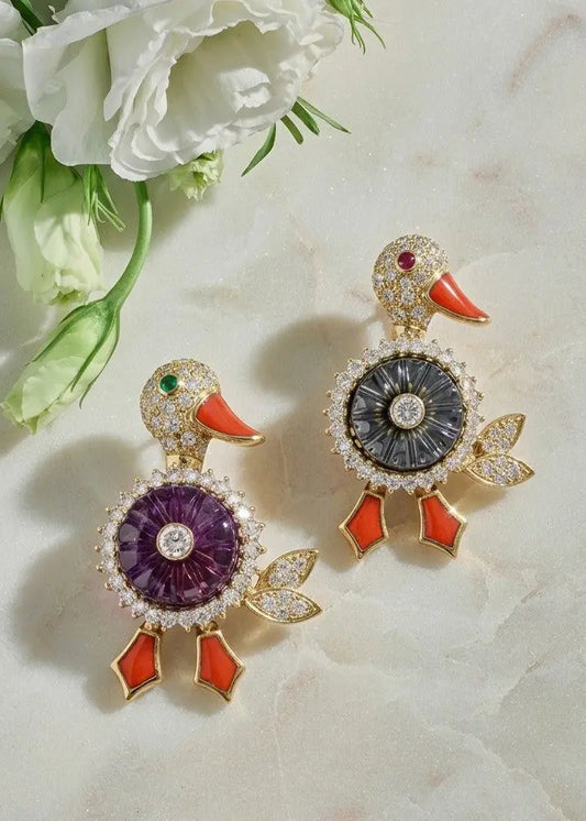 Hammerman, Two 18K Gold Gemstone Duck Brooches Hammerman