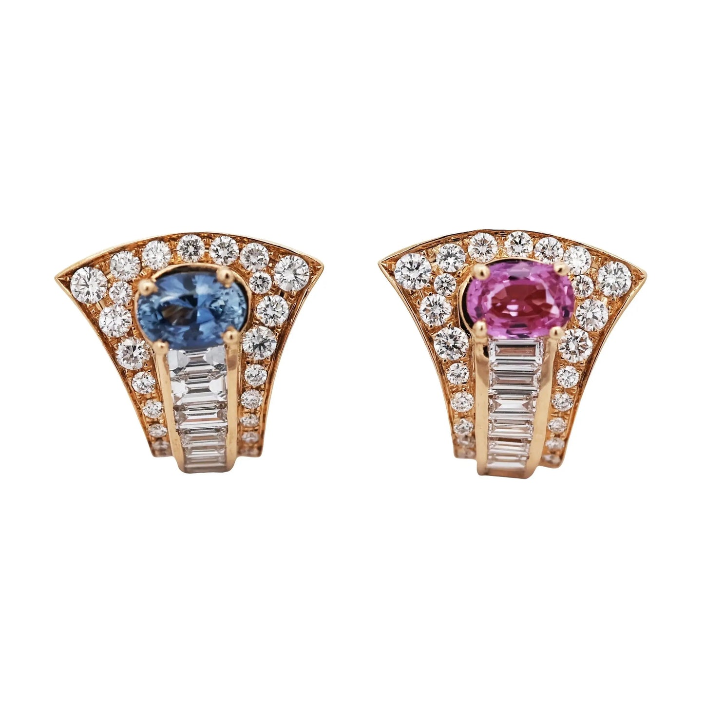 Bvlgari, 18K Gold Pink Blue Sapphire Diamond Earrings, GIA