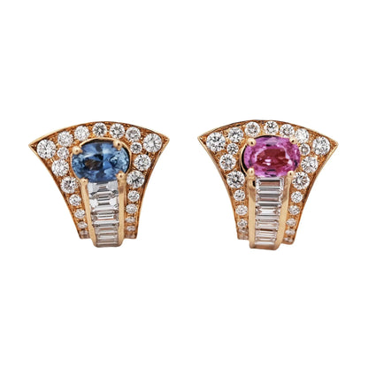 Bvlgari, 18K Gold Pink Blue Sapphire Diamond Earrings, GIA