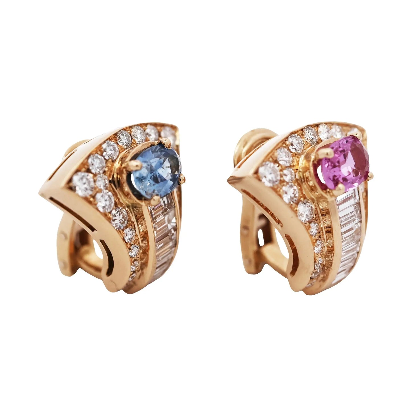 Bvlgari, 18K Gold Pink Blue Sapphire Diamond Earrings, GIA