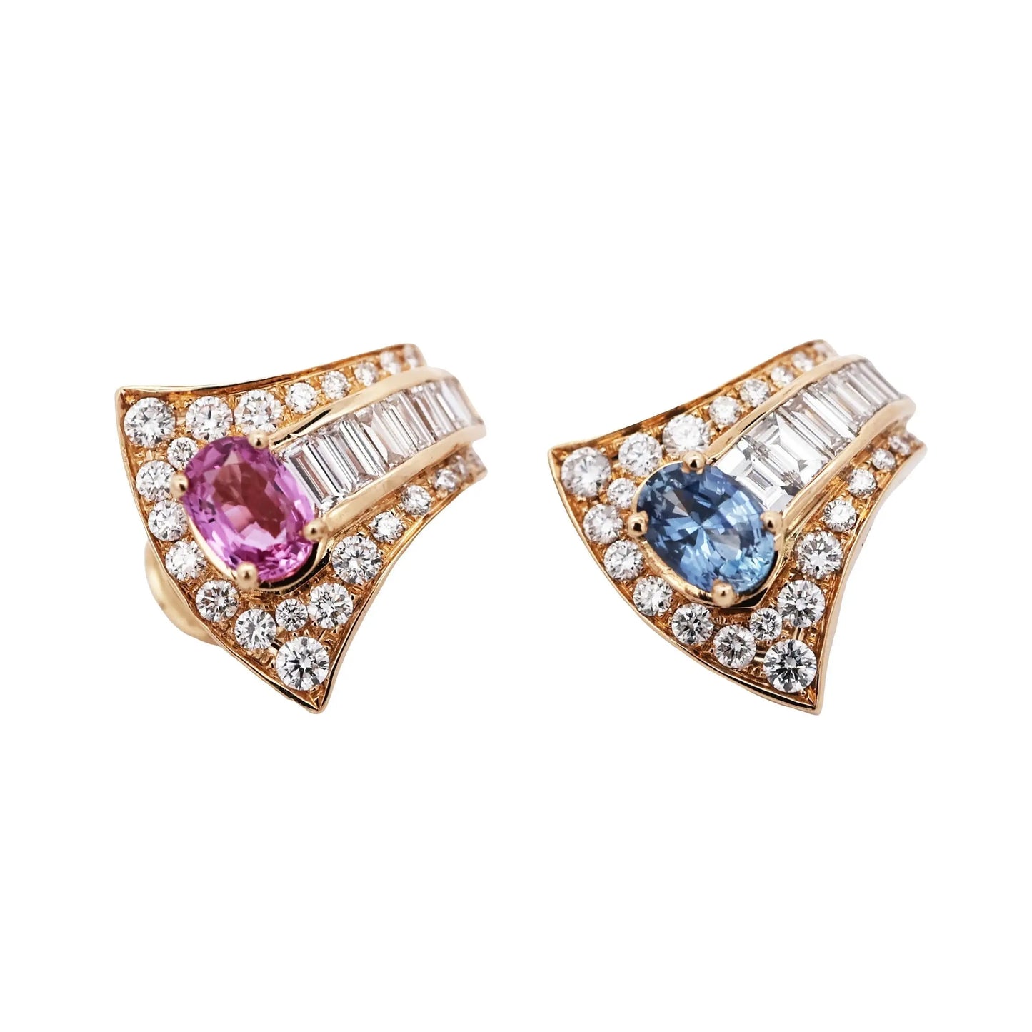 Bvlgari, 18K Gold Pink Blue Sapphire Diamond Earrings, GIA