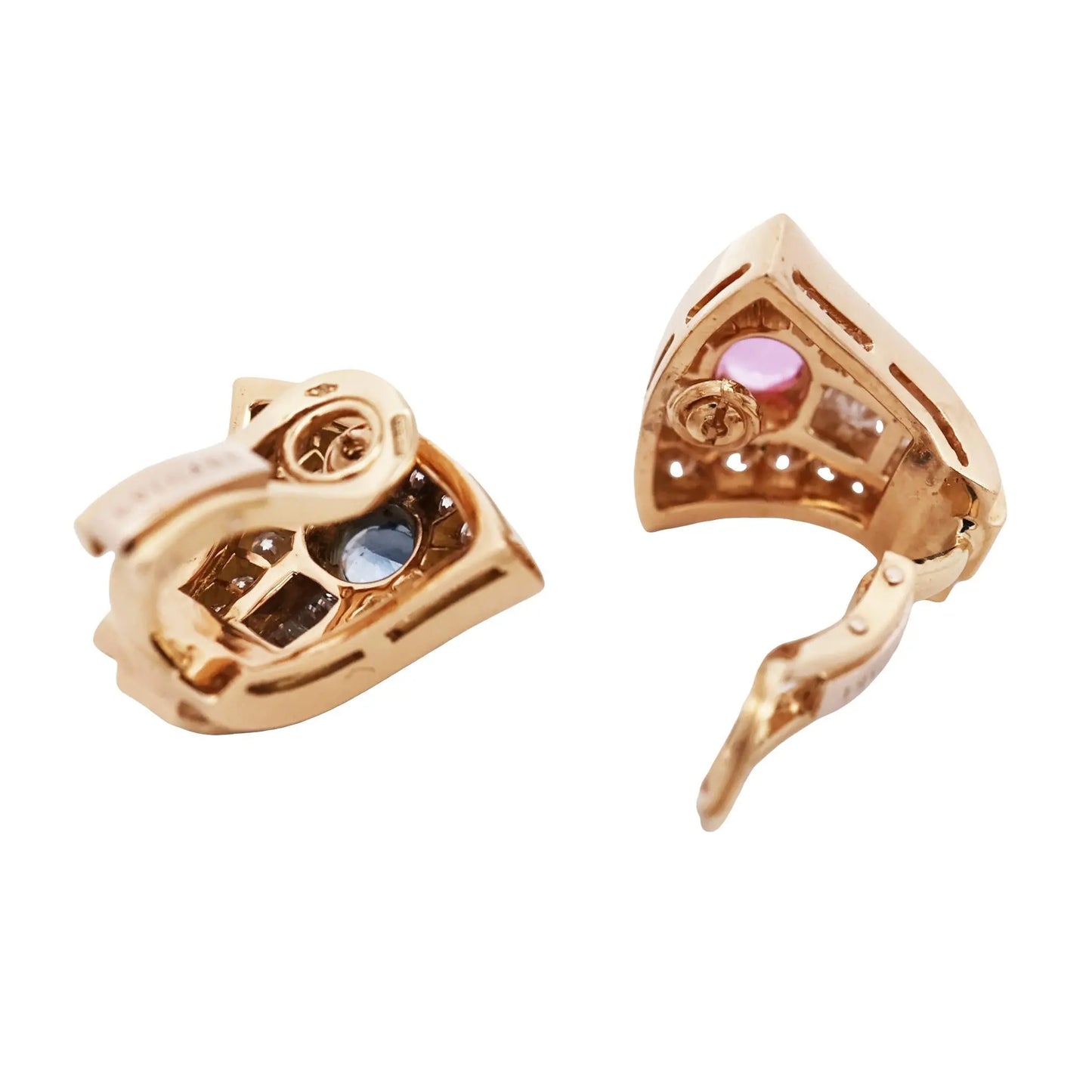 Bvlgari, 18K Gold Pink Blue Sapphire Diamond Earrings, GIA