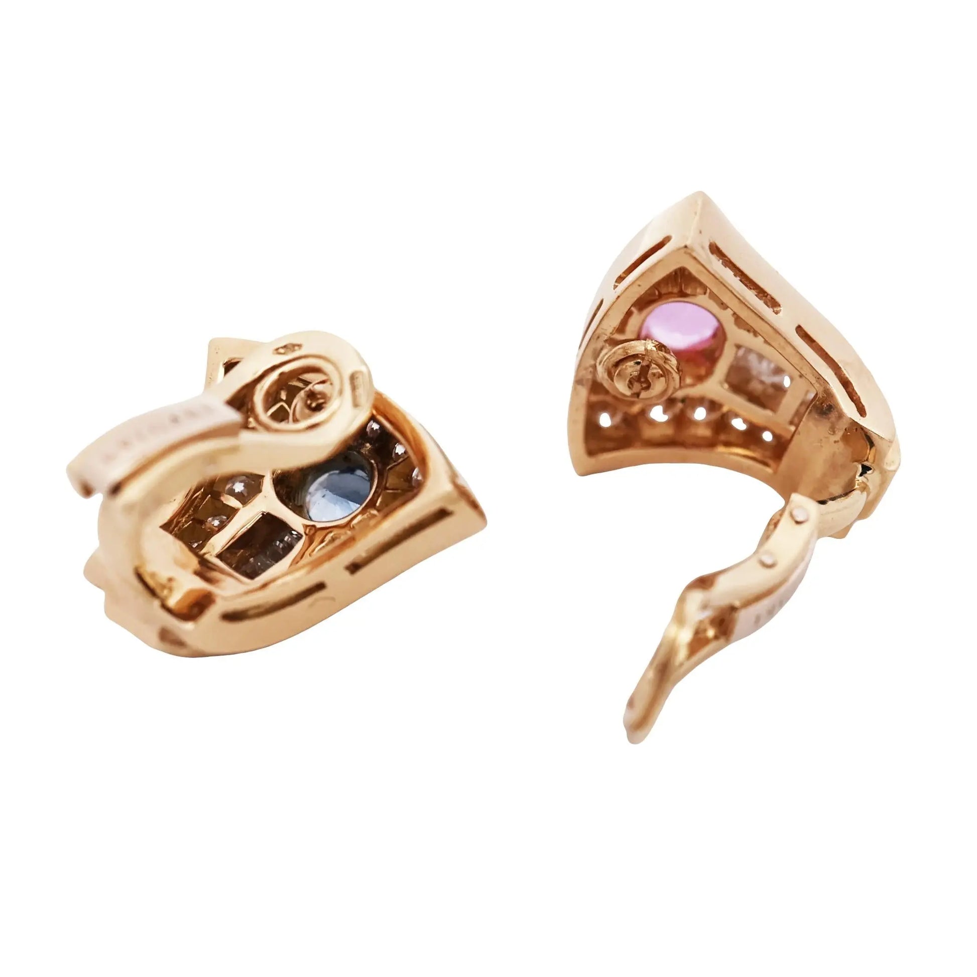 Bvlgari, 18K Gold Pink Blue Sapphire Diamond Earrings, GIA