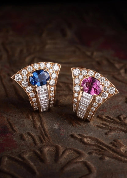 Bvlgari, 18K Gold Pink Blue Sapphire Diamond Earrings, GIA