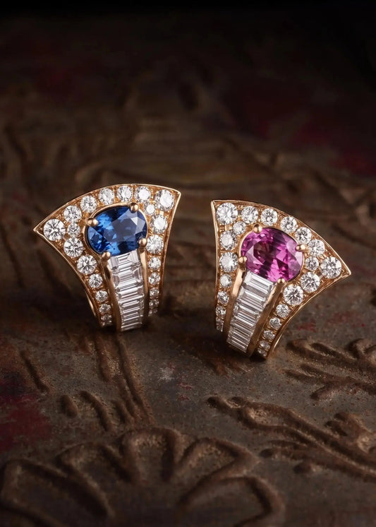 Bvlgari, 18K Gold Pink Blue Sapphire Diamond Earrings, GIA