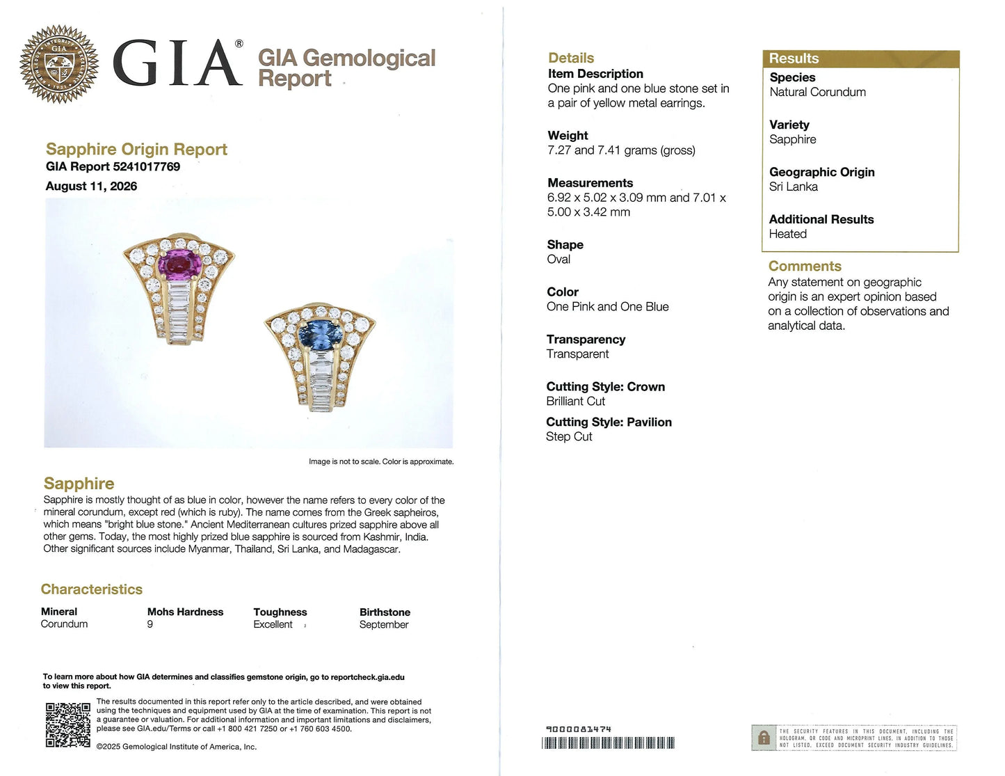 Bvlgari, 18K Gold Pink Blue Sapphire Diamond Earrings, GIA