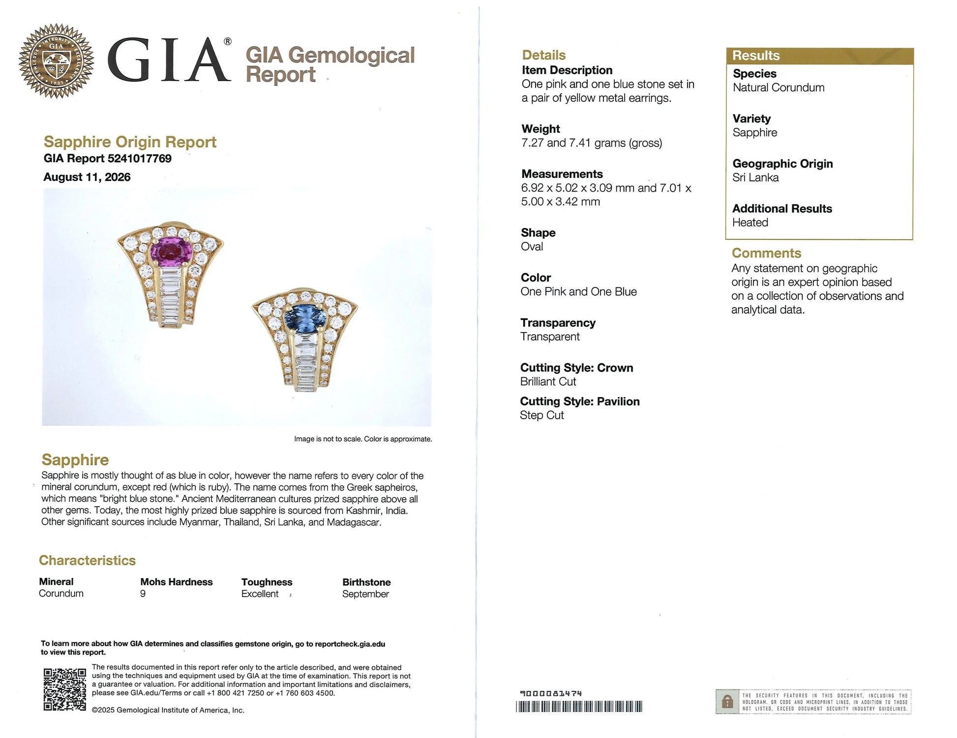 Bvlgari, 18K Gold Pink Blue Sapphire Diamond Earrings, GIA