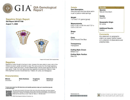 Bvlgari, 18K Gold Pink Blue Sapphire Diamond Earrings, GIA