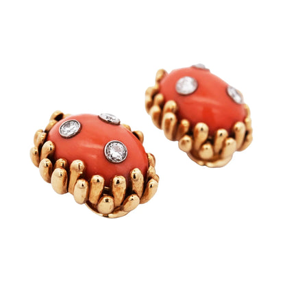 David Webb, 18K Gold Coral Diamond Earrings