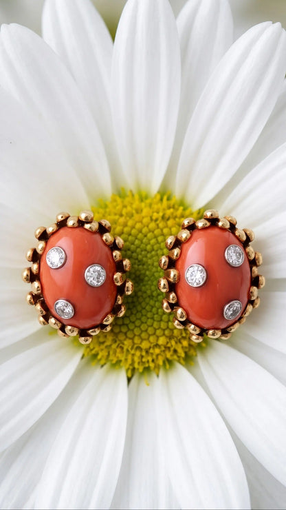 David Webb, 18K Gold Coral Diamond Earrings David Webb