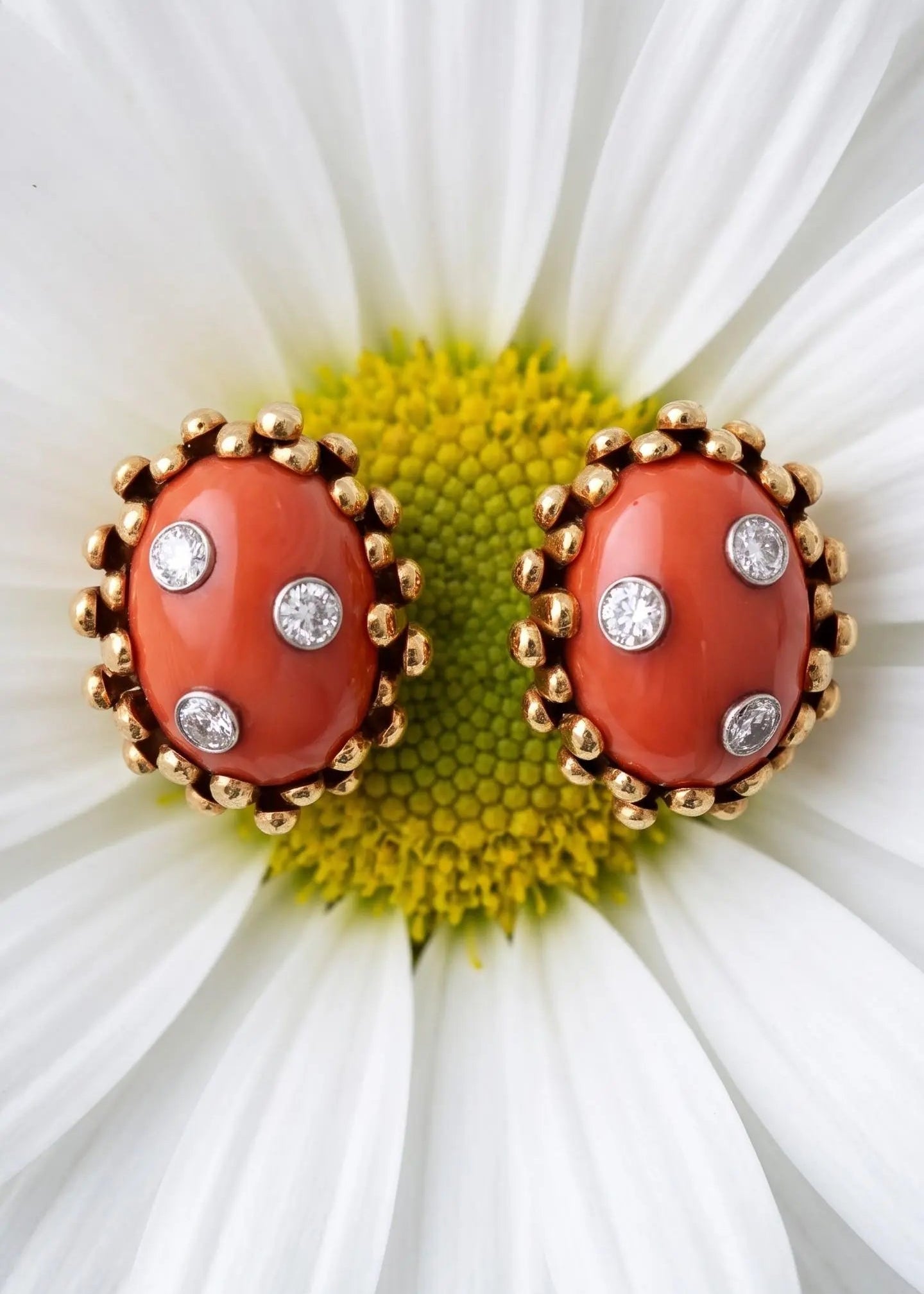 David Webb, 18K Gold Coral Diamond Earrings