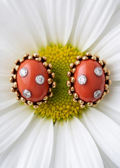 David Webb, 18K Gold Coral Diamond Earrings
