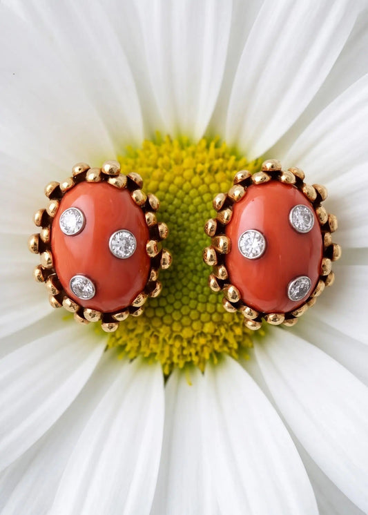 David Webb, 18K Gold Coral Diamond Earrings