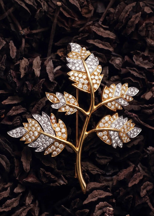 Tiffany Schlumberger, Platinum 18K Gold Diamond Leaf Brooch