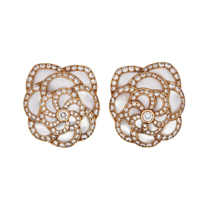Van Cleef & Arpels, 18K Gold Mother-of-Pearl Diamond Flower Earrings
