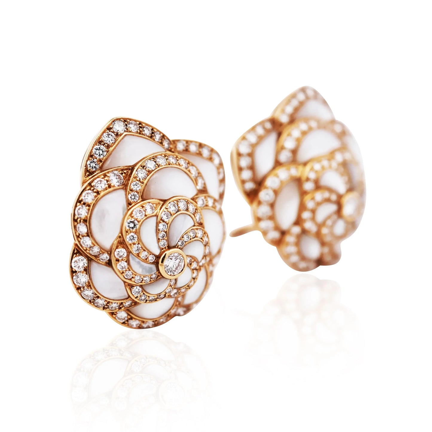 Van Cleef & Arpels, 18K Gold Mother-of-Pearl Diamond Flower Earrings
