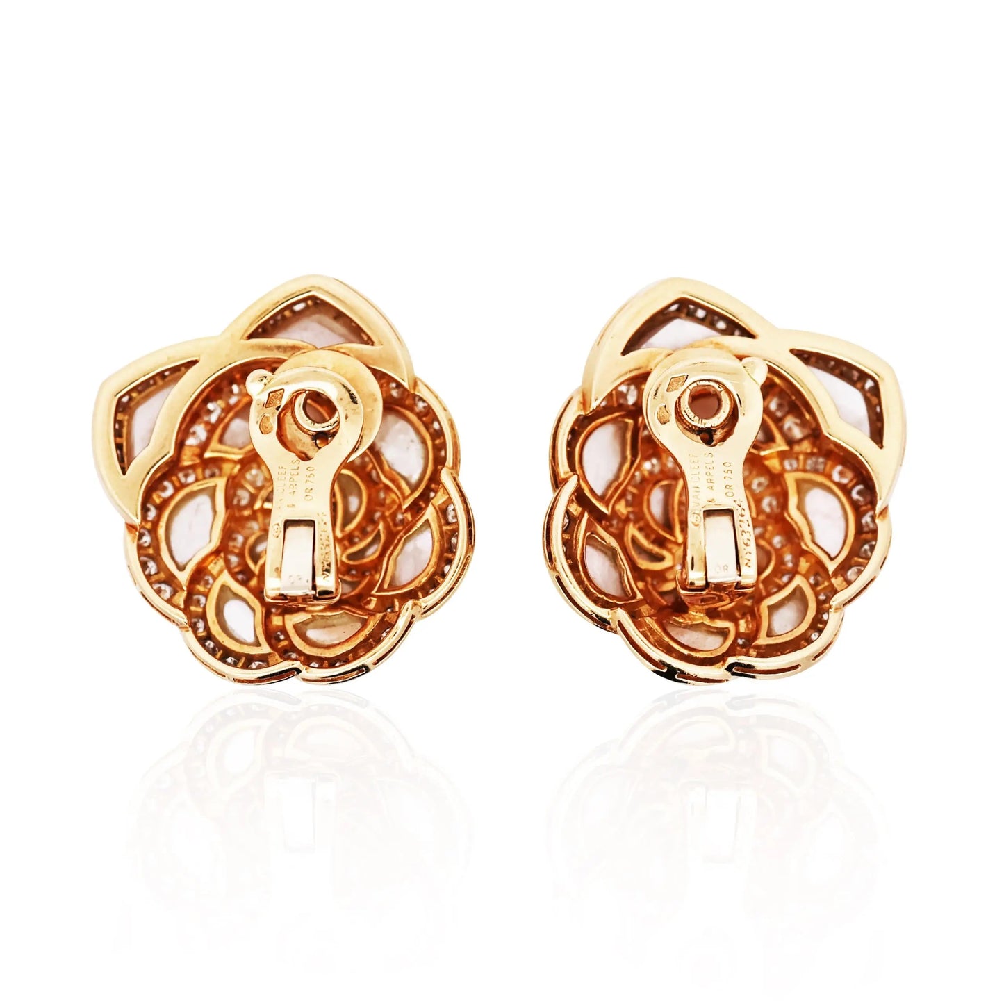Van Cleef & Arpels, 18K Gold Mother-of-Pearl Diamond Flower Earrings