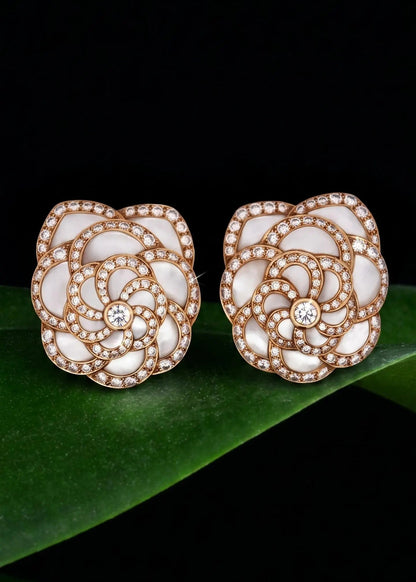 Van Cleef & Arpels, 18K Gold Mother-of-Pearl Diamond Flower Earrings