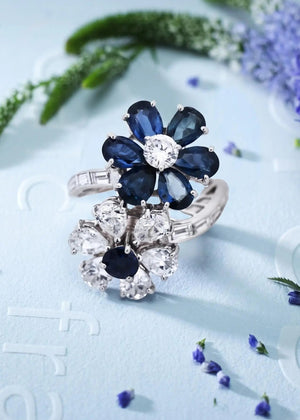Bvlgari, Platinum Sapphire Diamond Flower Bypass Ring