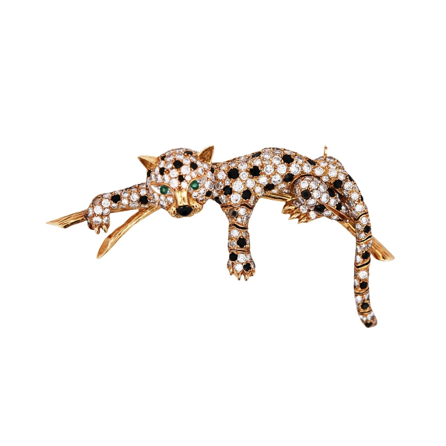 Van Cleef & Arpels, 18K Gold Diamond Onyx Emerald Feline Brooch